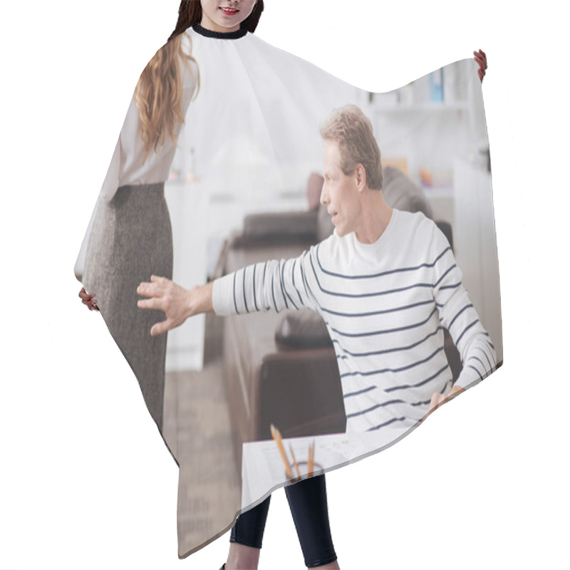 Personality  Positive Aged Businessman Touching Young Colleague Body At Work Hair Cutting Cape