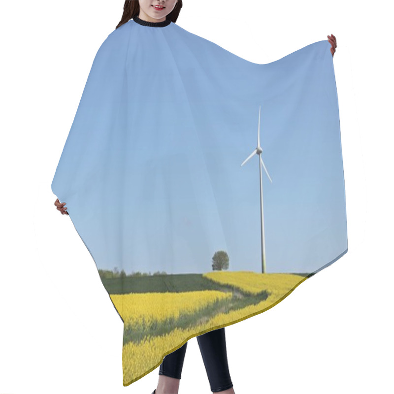 Personality  Flowering Rapeseed Field With Tree And Wind Turbine Hair Cutting Cape