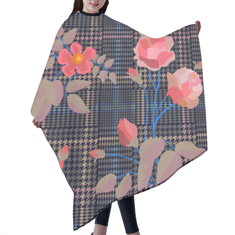 Personality  Elegant Checkered  Print With Embroidered Roses.  Hair Cutting Cape