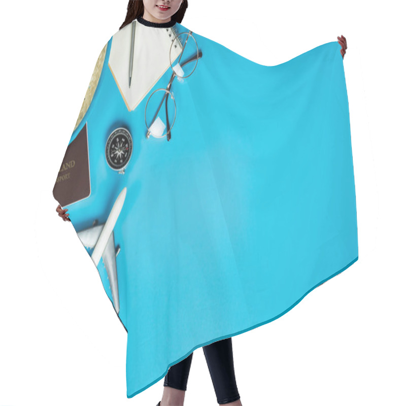 Personality  Travel Accessories And Fashion On Blue Copy Space For Travel Poster. Hair Cutting Cape