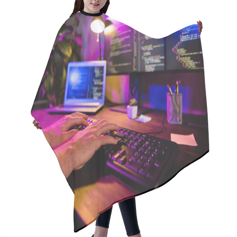 Personality  Photo Of Freelancer Arms Hands Typing Creating Web Start Up Modern Gadget Indoors Workplace Workstation Loft. Hair Cutting Cape