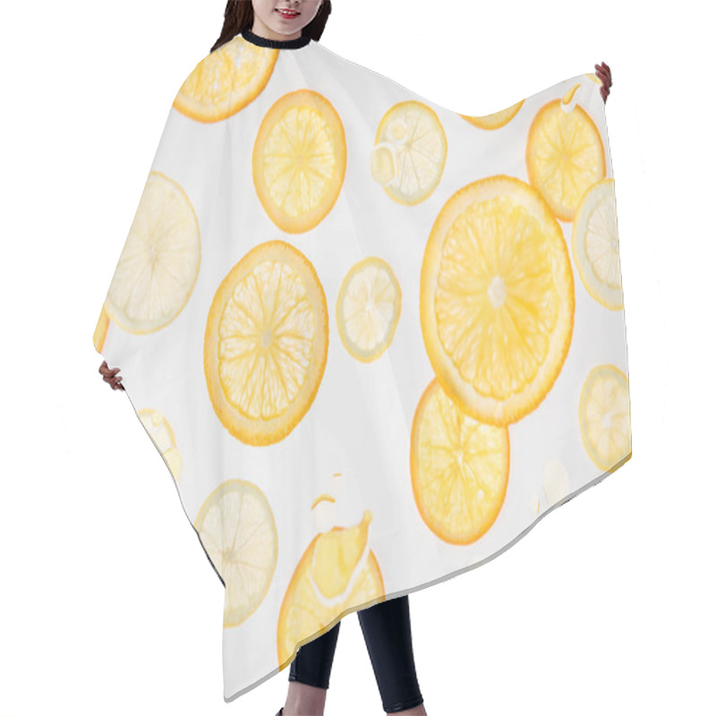 Personality  Bright Fresh Orange And Lemon Slices On Grey Background Hair Cutting Cape