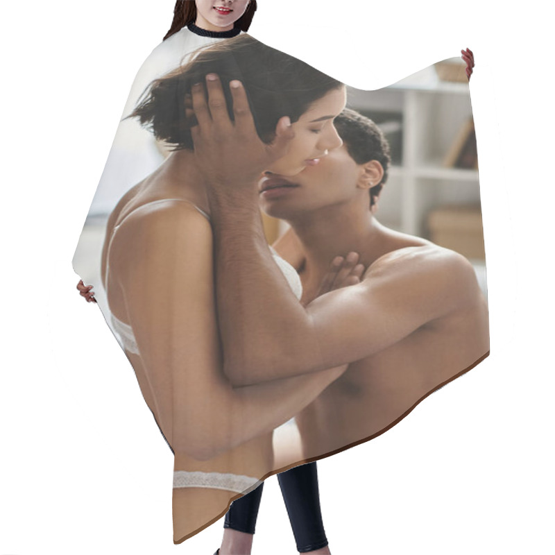 Personality  A Young, Multicultural Couple Expresses Their Love And Passion For Each Other On A Bed, As They Embrace And Kiss. Hair Cutting Cape