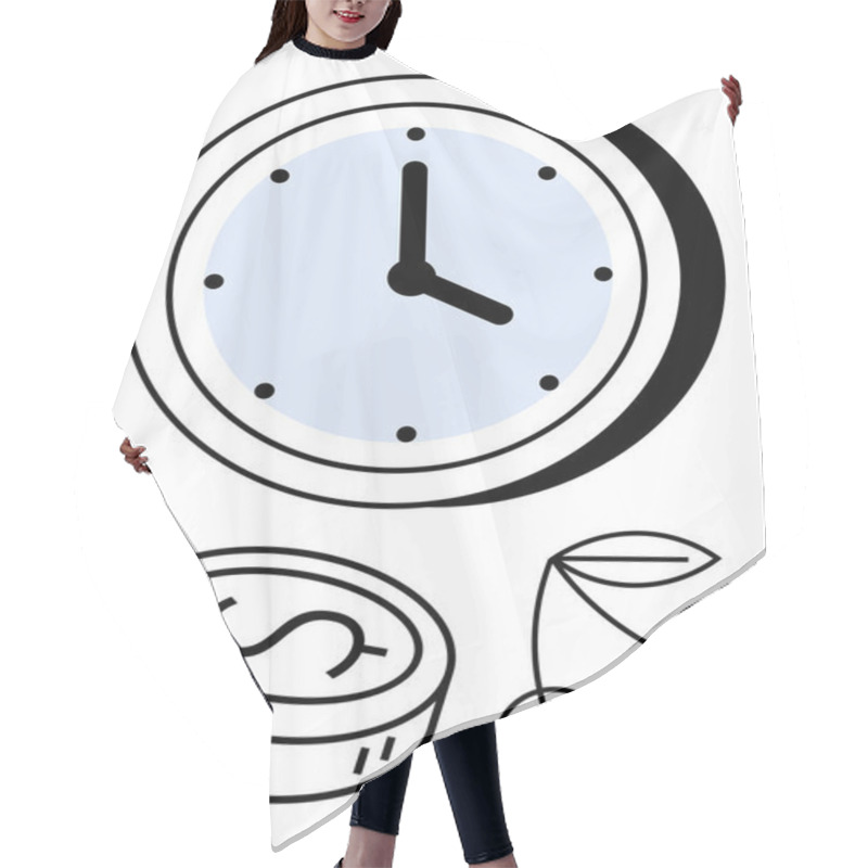 Personality  Clock With Black Hands, Coin With Dollar Sign, Cherries With Leaves. Ideal For Concepts Of Time Management, Financial Planning, Productivity, Work-life Balance, Scheduling, Investment Deadlines Hair Cutting Cape