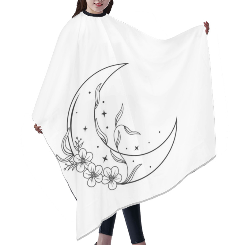 Personality  Monochrome Boho Moon And Flowers With Leaves. Mystical Vector Illustration Isolated On White Background. Outline Art With Crescent Moon. Floral Magic Line Art For Esoteric Logo, Print, Tattoo Concept. Hair Cutting Cape