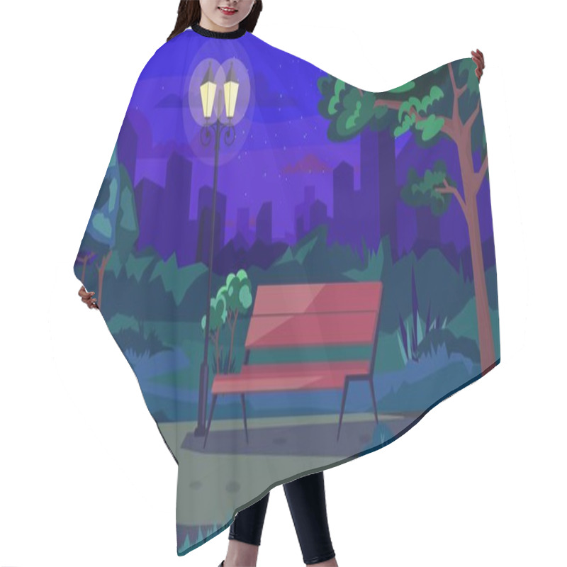 Personality  Summer Night City Park Concept In Flat Cartoon Design. Public Recreation Garden With Lantern, Bench, Green Lawn, Trees, Evening Cityscape On The Horizon. Vector Illustration Horizontal Background Hair Cutting Cape