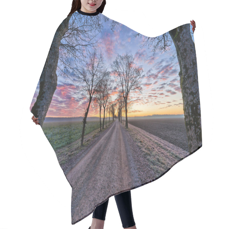 Personality  Dirt Road With Maple Trees In Winter Sunrise Hair Cutting Cape