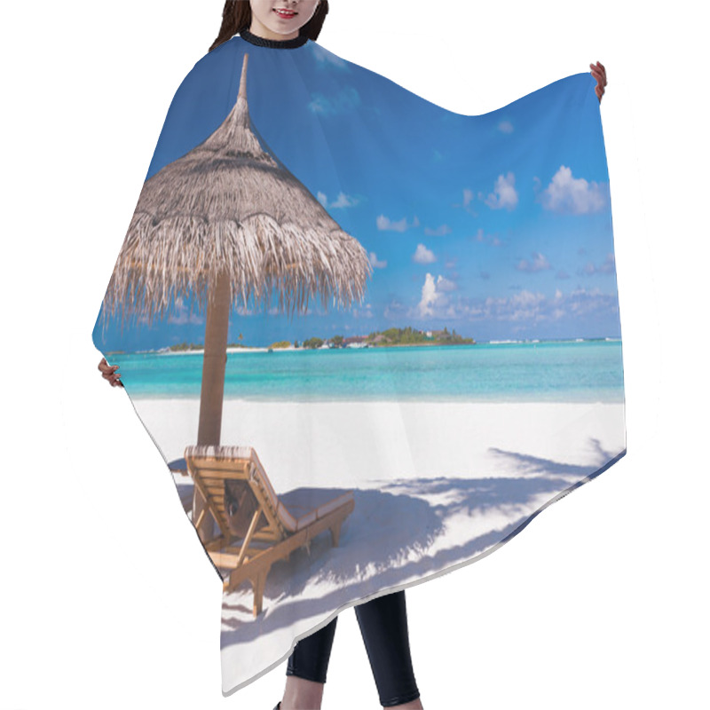 Personality  Chairs And Umbrella On A Beach With Shadow From Palm Tree Hair Cutting Cape