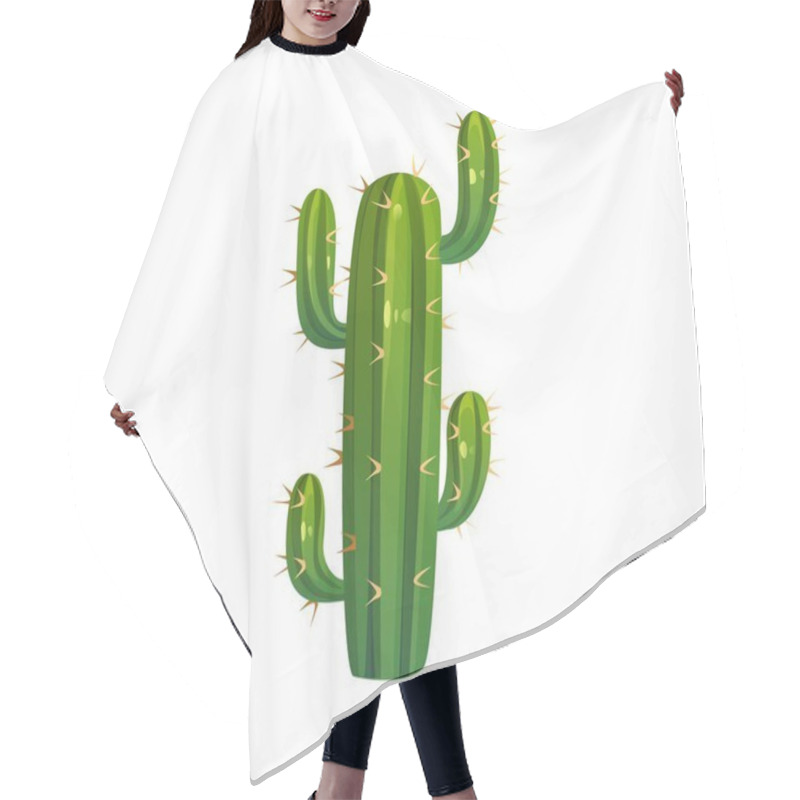 Personality  Cartoon Saguaro Cactus With Prominent Spikes. Isolated Vector Tall, Green, Desert Succulent Plant With Thick Green Arms And Spines, Symbol Of Mexican Culture, Resilience, Travel And Western Nature Hair Cutting Cape