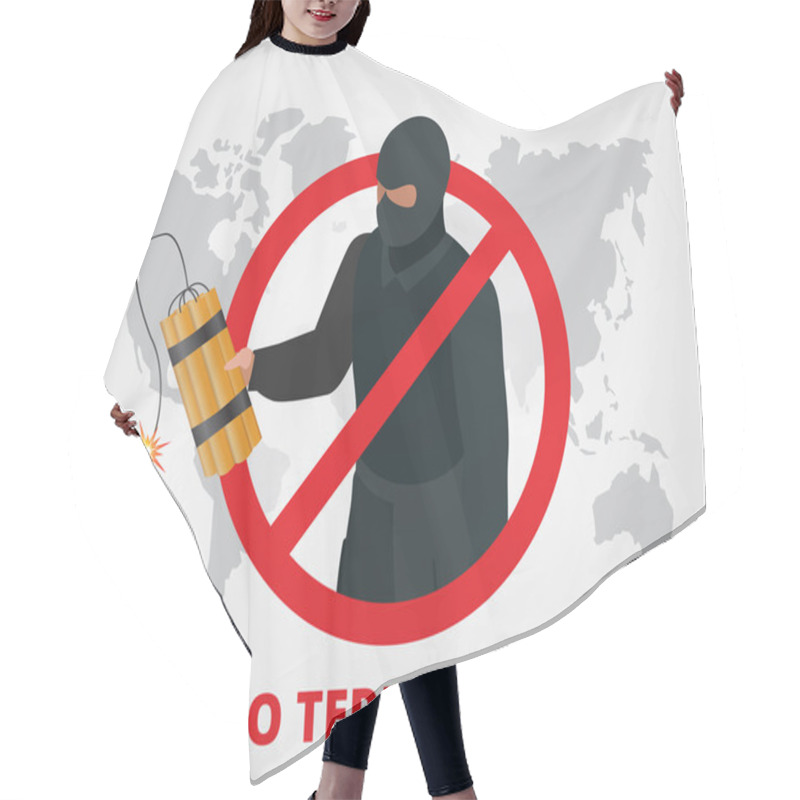 Personality  No Terrorism. Stop Terror Sign Anti Terrorism Campaign Badge On World Map. Flat 3d Illustration. Hair Cutting Cape