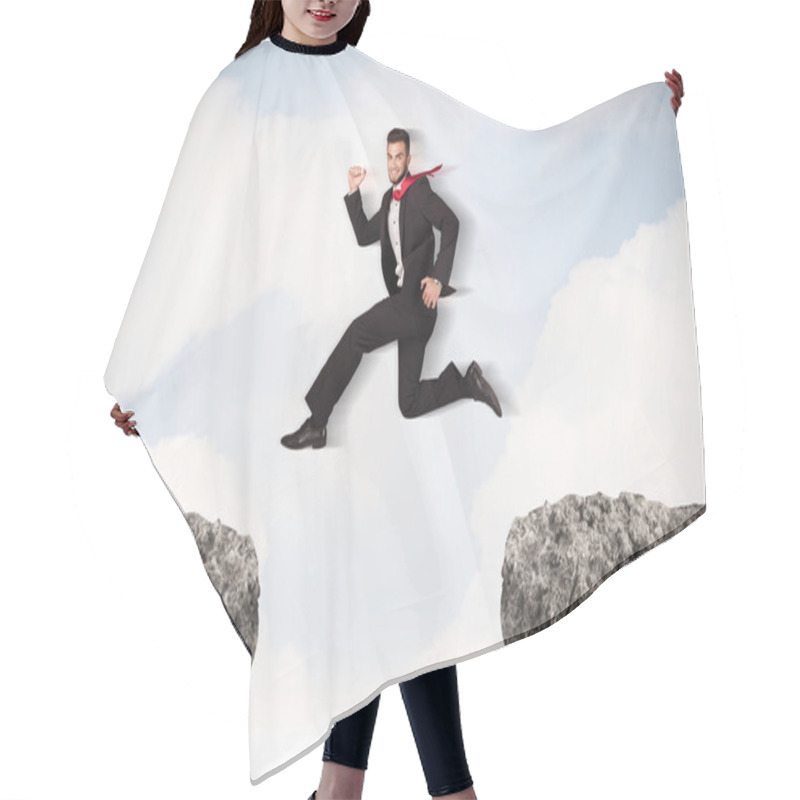 Personality  Funny Business Man Jumping Over Rocks With Gap Hair Cutting Cape