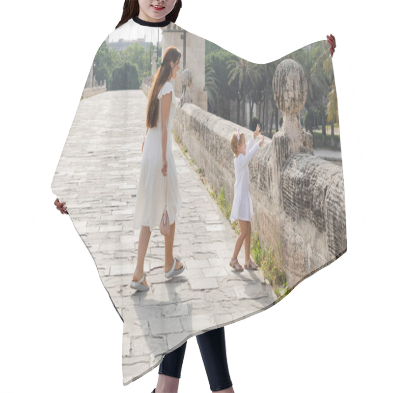 Personality  Side View Of Excited Toddler Child And Mom In Dress Spending Time On Puente Del Mar Bridge In Valencia Hair Cutting Cape