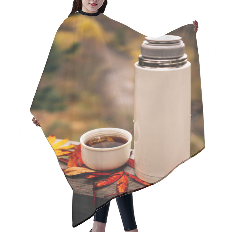 Personality  Cup With Thermos Bottle On Wooden Fence With Autumn Fallen Leaves  Hair Cutting Cape