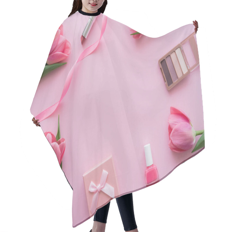 Personality  Top View Of Gift Box With Bow Near Decorative Cosmetics And Tulips On Pink Hair Cutting Cape