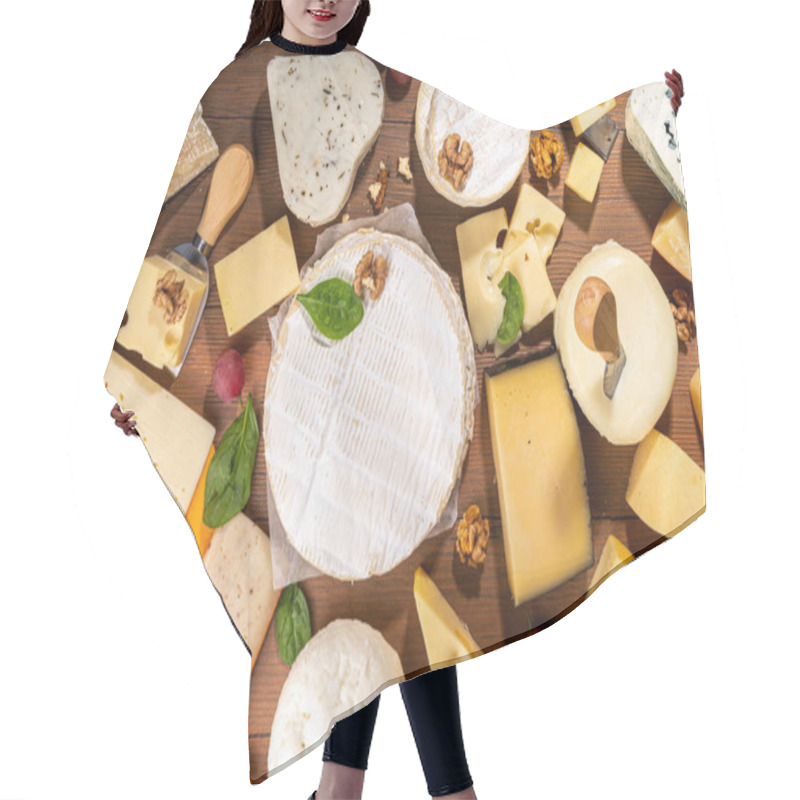 Personality  Different Sorts Of Cheese Set. Cheese Platter With Various Cheese, With Grapes, Nuts, Cheese Knife And Spices, Wooden Background Copy Space Hair Cutting Cape