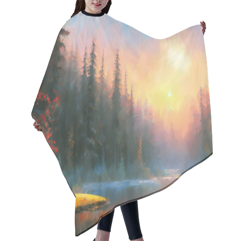 Personality  Modern Expressive Oil Painting Sketch Of Picturesque Woodland Landscape On Shore Of Calm Lake Among Pine Forest At Sunset. My Own Digital Art Illustration Of Serene Wilderness Scene. Hair Cutting Cape