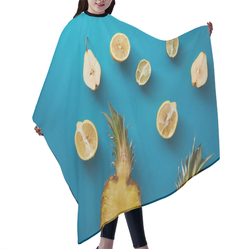 Personality  Elevated View Of Ripe Pineapple, Pears And Lemons On Blue Surface  Hair Cutting Cape