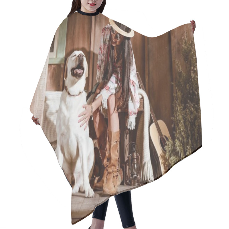 Personality  Woman In Boho Style Petting Dog  Hair Cutting Cape