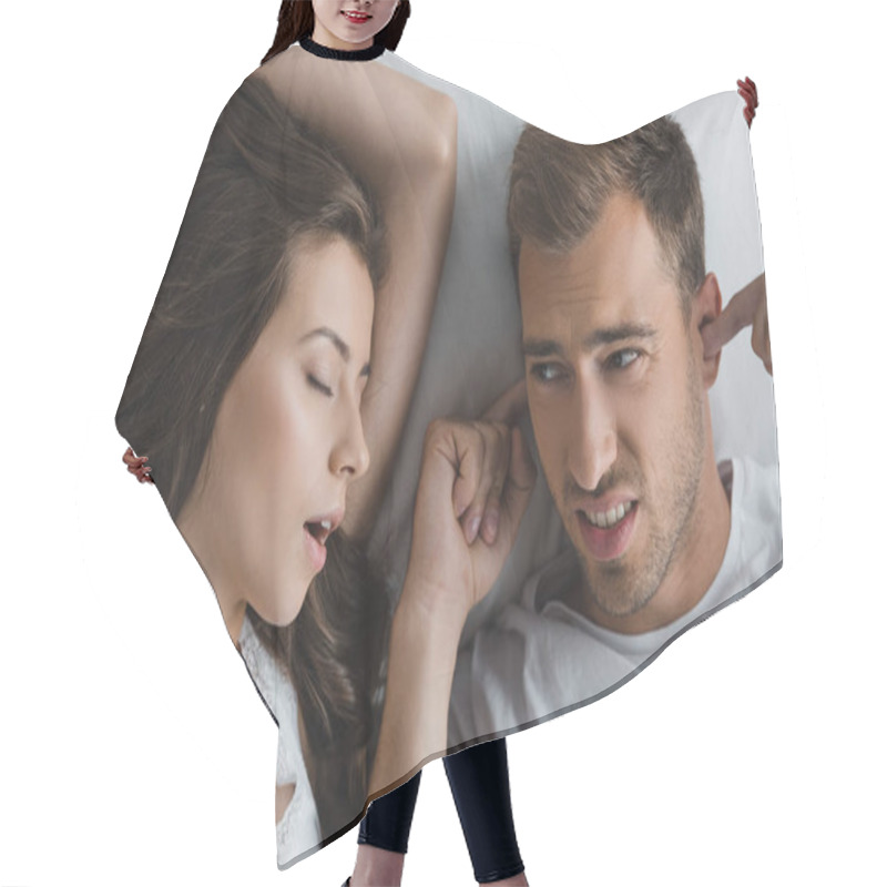 Personality  Top View Of Man Closing Ears And Looking At Snoring Wife In Bed  Hair Cutting Cape