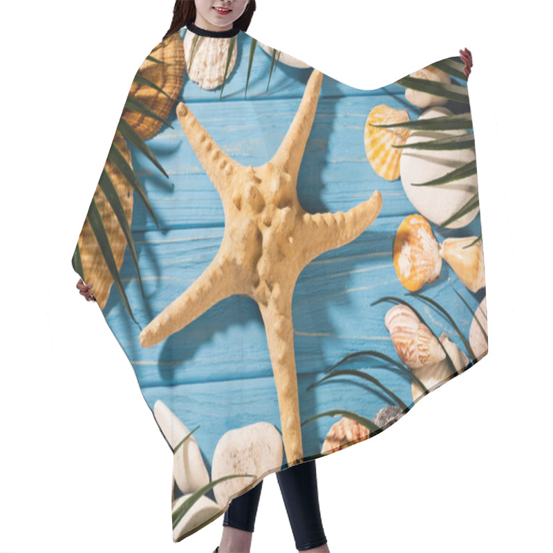 Personality  Top View Of Seashells, Starfish And Palm Leaves On Wooden Blue Background Hair Cutting Cape