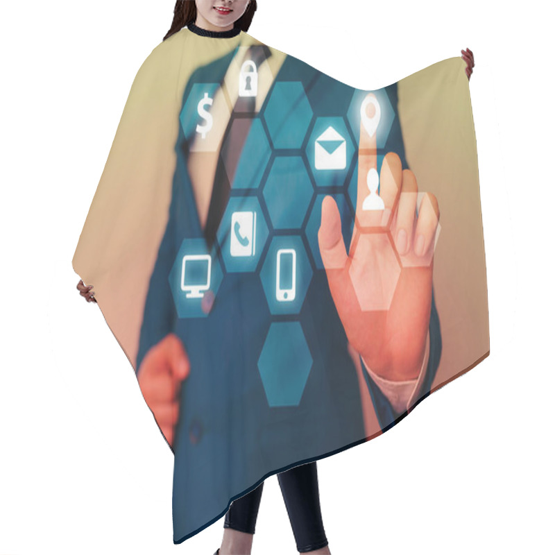 Personality  Male Human Presenting A Presentation Using The Latest Sophisticated Devices. Man Wear Formal Working Suit Introducing How Smart Gadget Works. Photo Of Modern Life. Hair Cutting Cape