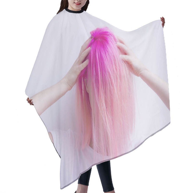 Personality  Crazy Pink Hair Woman Is Touching Her Head By Hands Hair Cutting Cape