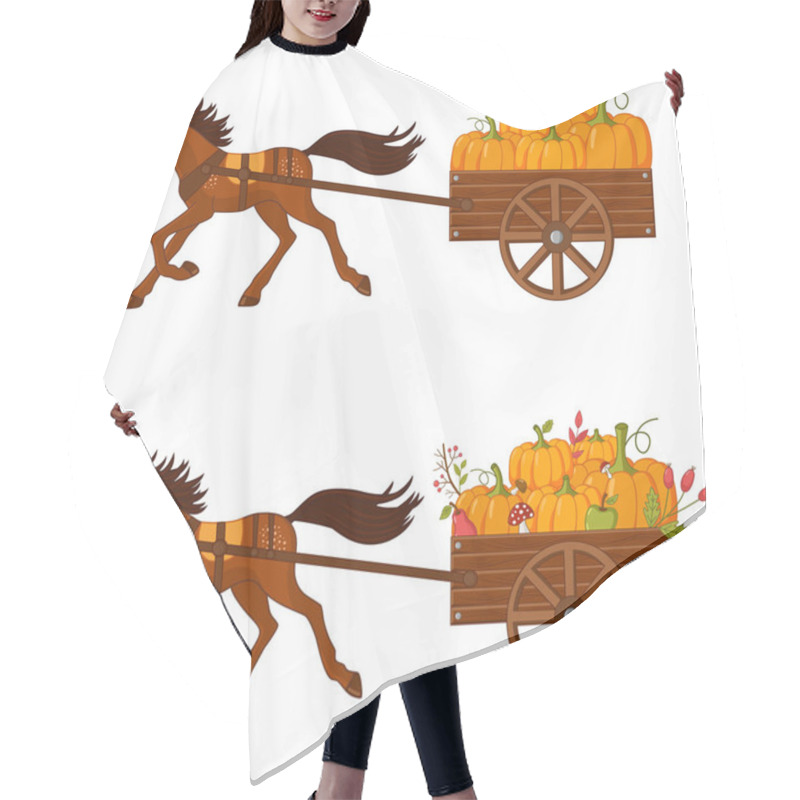 Personality  Two Carts With Pumpkins, Fruits, Berries And Mushrooms And A Running Horse. Autumn Illustration. Hair Cutting Cape