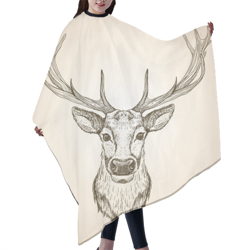 Personality  Hand Drawn Graphic Illustration Of Of A Deer Head With Big Antlers. Hair Cutting Cape