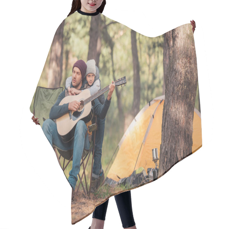 Personality  Father And Son With Guitar In Forest Hair Cutting Cape