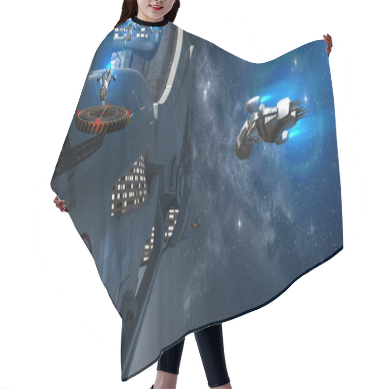 Personality  3D Illustration Of A Military Space Station Powered By An Exotic Energy Source With Extravehicular Activity Drones For Futuristic Interstellar Travel, Video Games, Or Science Fiction Backgrounds. Hair Cutting Cape