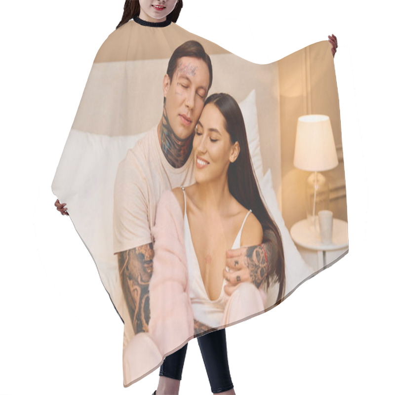 Personality  Young Couple Embraces Warmly, Enjoying An Intimate Moment In A Softly Lit Bedroom. Hair Cutting Cape