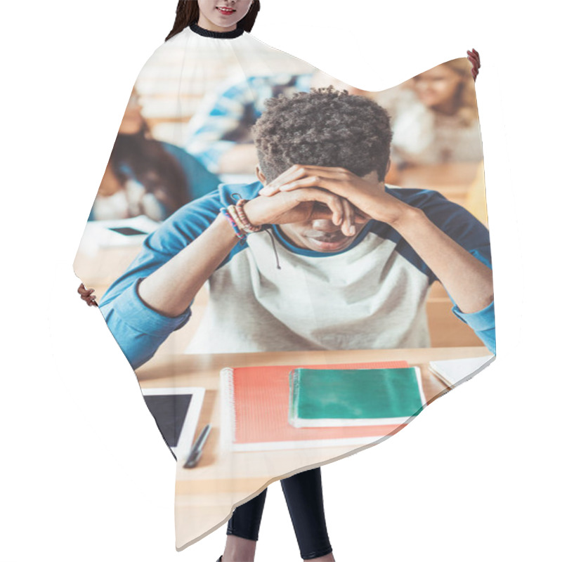 Personality  African American Student Sitting In Class Hair Cutting Cape