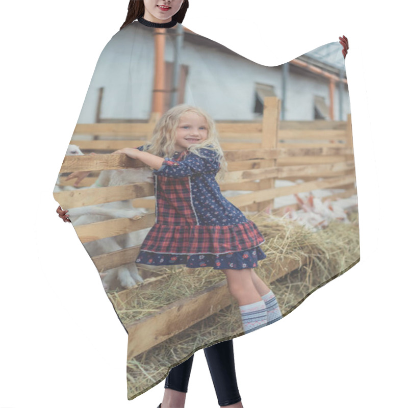 Personality  Smiling Kid Touching Goats In Stable At Farm Hair Cutting Cape