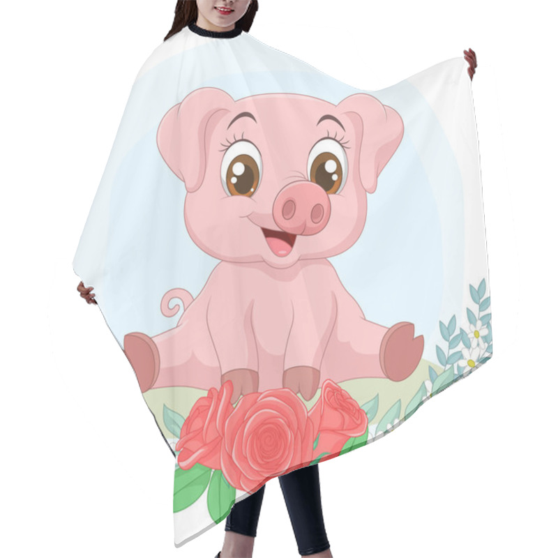 Personality  Vector Illustration Of Cartoon Baby Pig Sitting In The Grass With Flowers Hair Cutting Cape