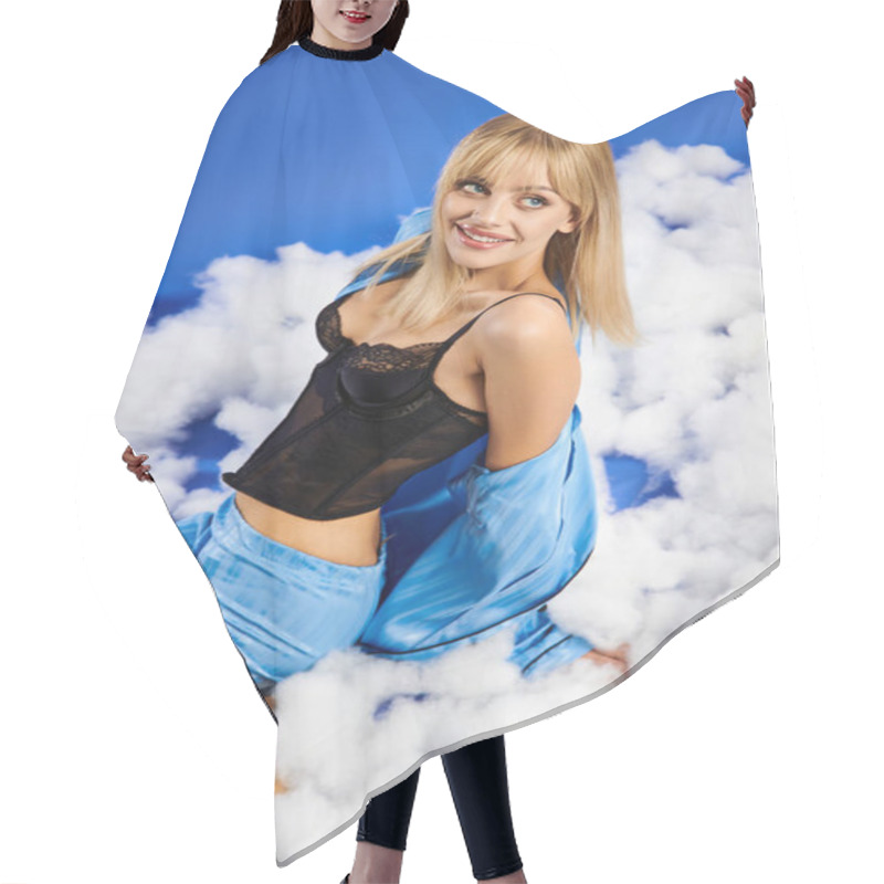 Personality  Alluring Blonde Woman In Vibrant Attire With Bustier Posing Among Fluffy Clouds And Blue Sky. Hair Cutting Cape