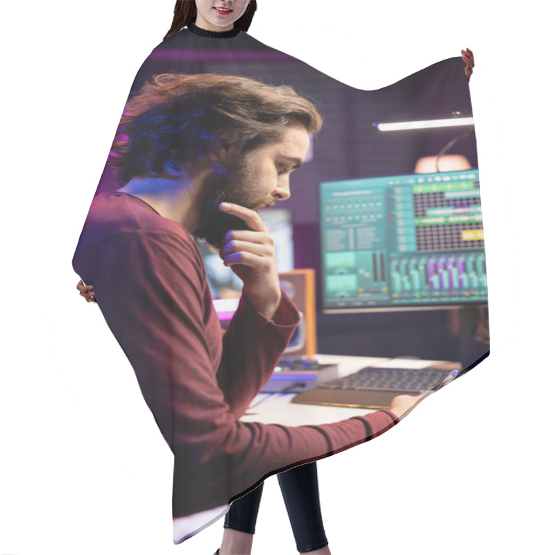 Personality  Professional Songwriter Writes Down New Verses And Rhymes In Home Studio, Creating New Music With Daw Software. Young Artist Works With Audio Equipment And Gear, Recording Tunes. Hair Cutting Cape