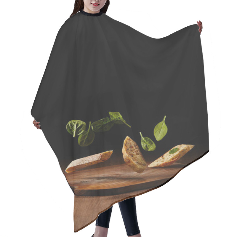 Personality  Bread Pieces And Salad Leaves Flying Above Wooden Cutting Board Hair Cutting Cape