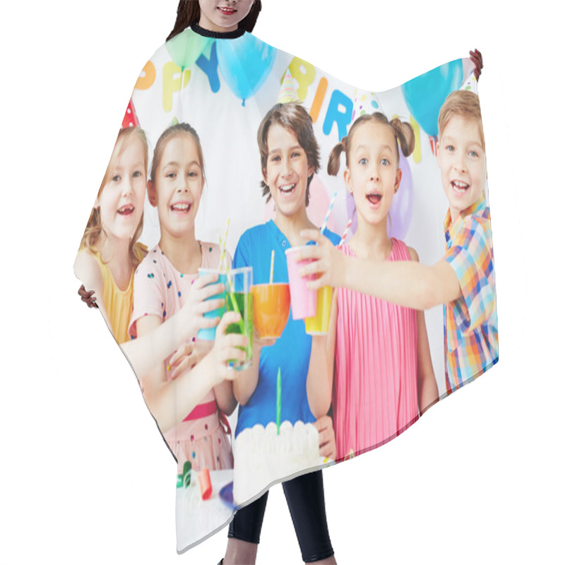 Personality  Kids Toasting With Drinks At Birthday Party Hair Cutting Cape