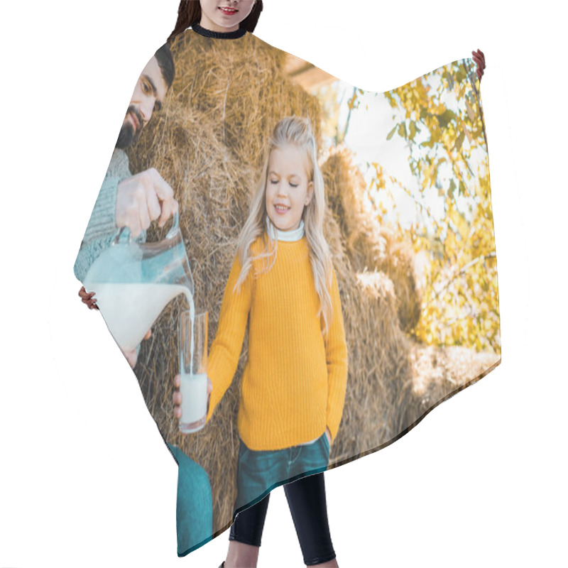 Personality  Adult Female Farmer Pouring Milk To Little Daughter Near Hay Stacks At Ranch Hair Cutting Cape