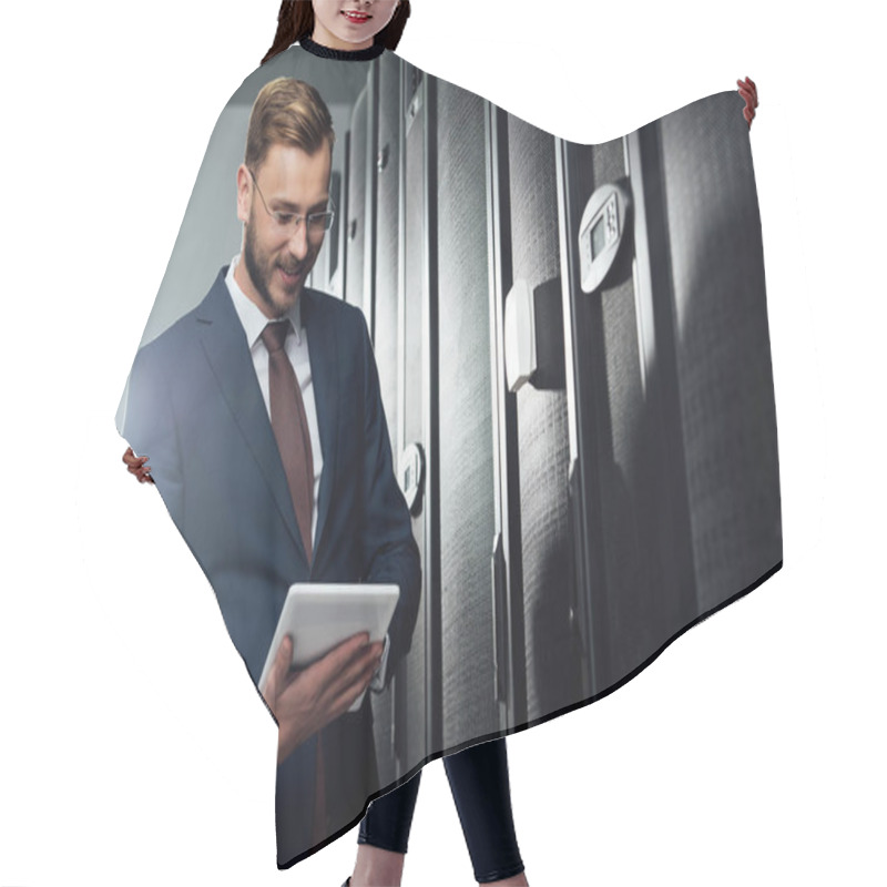 Personality  Selective Focus Of Cheerful Businessman In Suit Using Digital Tablet In Data Center  Hair Cutting Cape