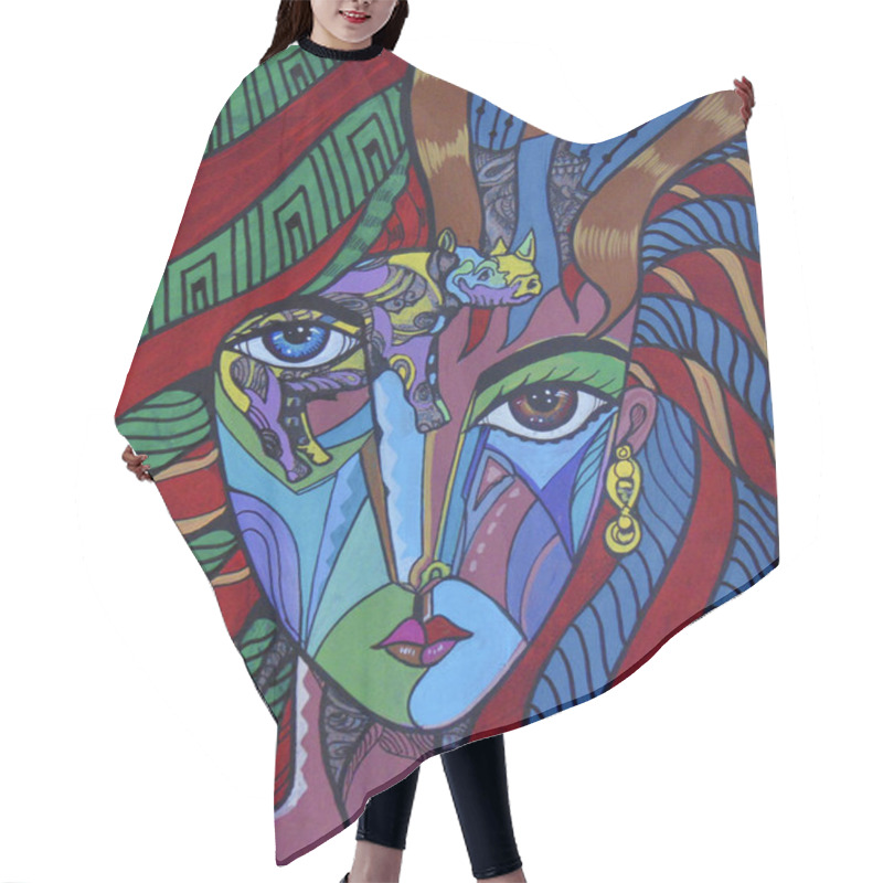 Personality  Cubist Girl Portrait Painting Modern Deco Design Hair Cutting Cape