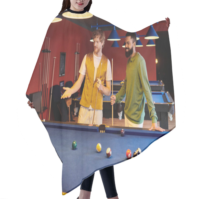 Personality  Friends Play A Friendly Game Of Pool, Laughing And Enjoying Each Others Company. Hair Cutting Cape