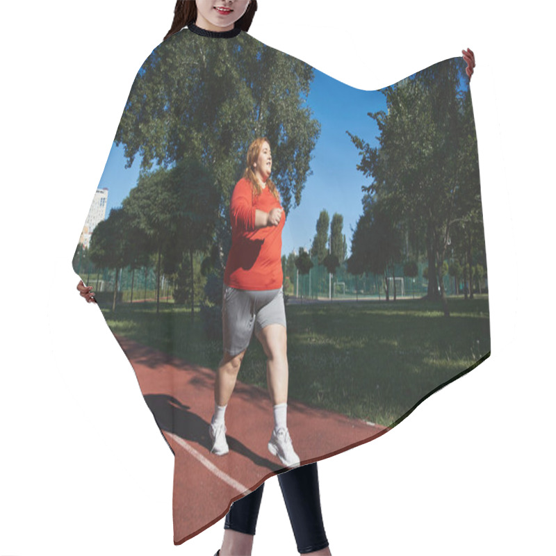 Personality  A Plus Size Woman Enjoys Her Morning Jog In The Park. Hair Cutting Cape