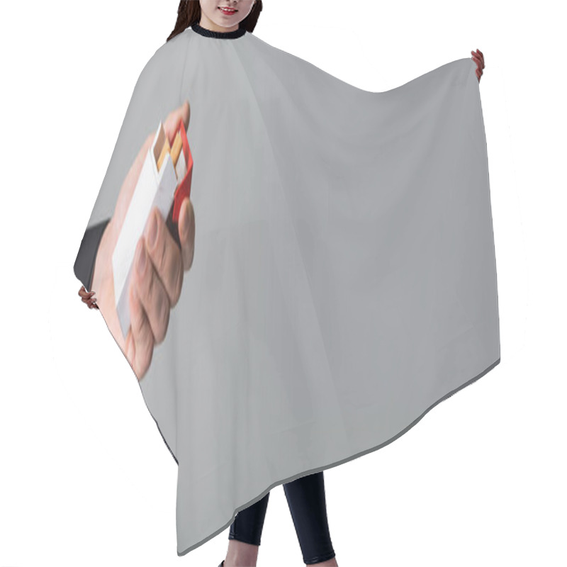 Personality  Partial View Of Man Holding Cigarette Pack Isolated On Grey, Banner Hair Cutting Cape