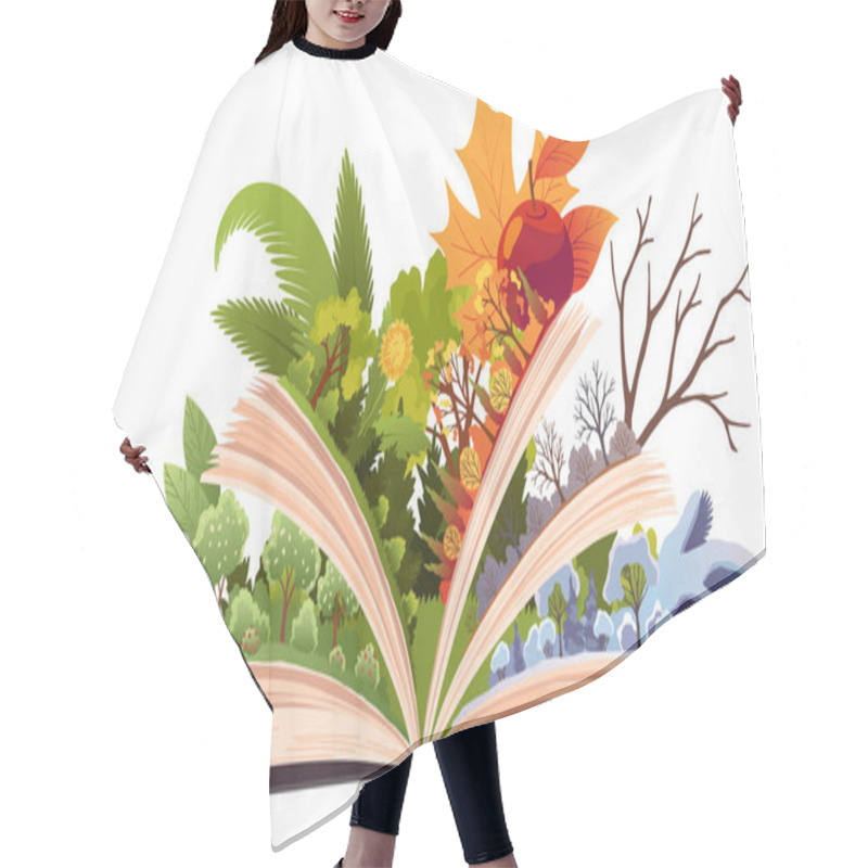 Personality  Book Four Seasons. Fairy Tale Story About Four Seasons, Summer, Winter, Spring, Autumn. Open Book With Different Season On Pages. Reading Fantasy Storybook About Nature. Vector Illustration. Hair Cutting Cape