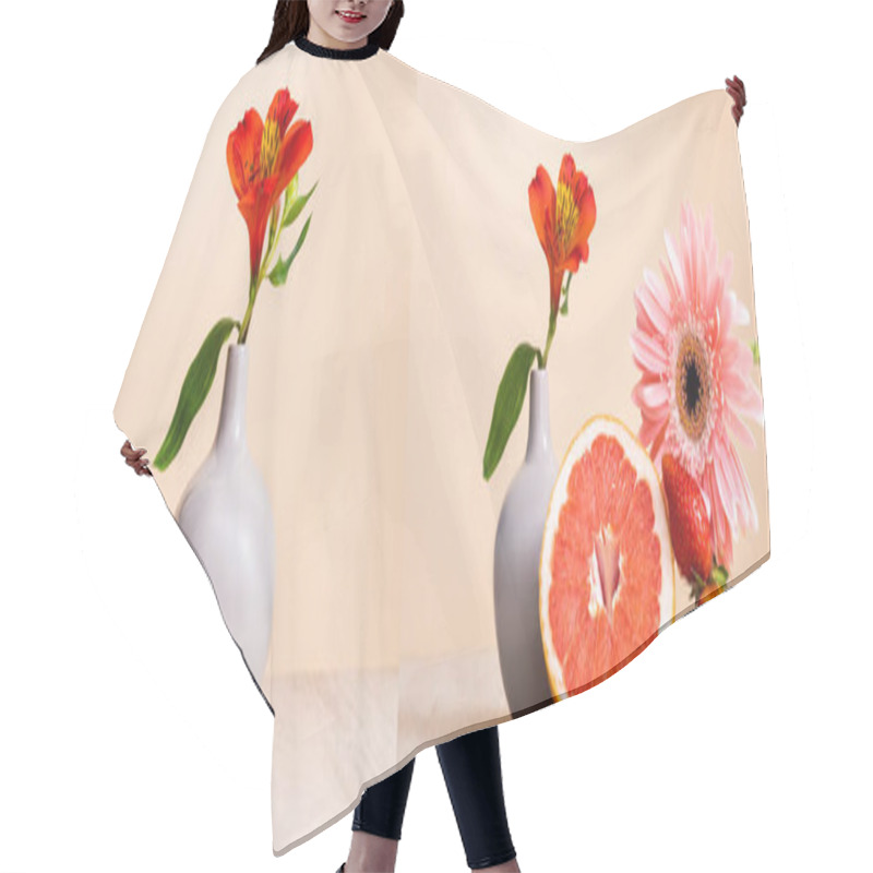 Personality  Collage Of Floral And Fruit Composition With Alstroemeria In Vase, Gerbera, Berries, Grapefruit And Apricot On Wooden Surface On Beige Hair Cutting Cape