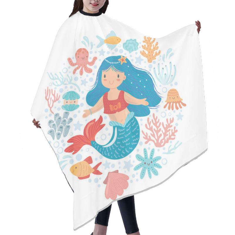 Personality  Cute Little Mermaid With Little Fish And Other Sea Inhabitants Vector Illustration. Baby Girl Mermaid Character Hair Cutting Cape