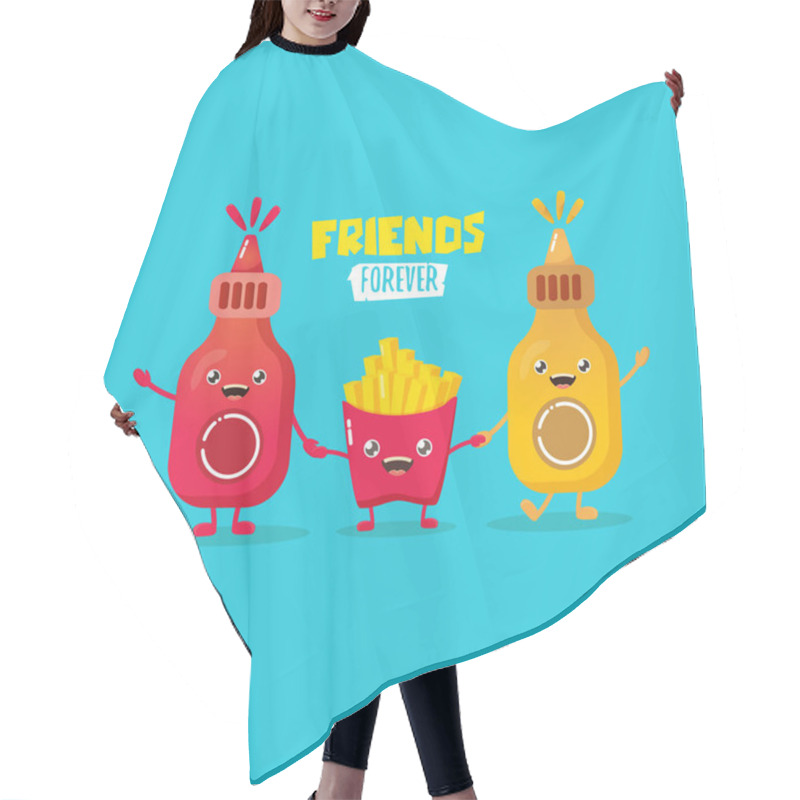 Personality  Funny Cartoon Cute Smiling Ketchup Bottle, Mustard Bottle And Potatoe French Fries Characters Set . Food Flat Funky Character. Best Friends Or Friendsip Concept Hair Cutting Cape