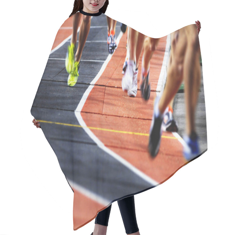 Personality  Running A Race On A Track Sports Competition Hair Cutting Cape