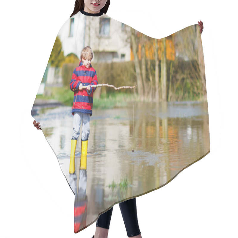 Personality  Little Kid Boy Playing With Fishing Rod By Puddle Hair Cutting Cape